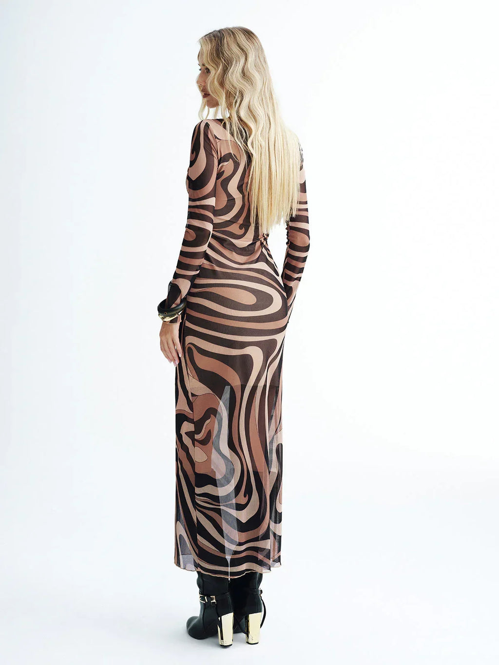 Abstract Print Mesh Maxi Dress