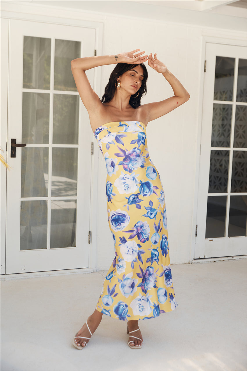 Impressive Me Strapless Satin Maxi Dress Yellow