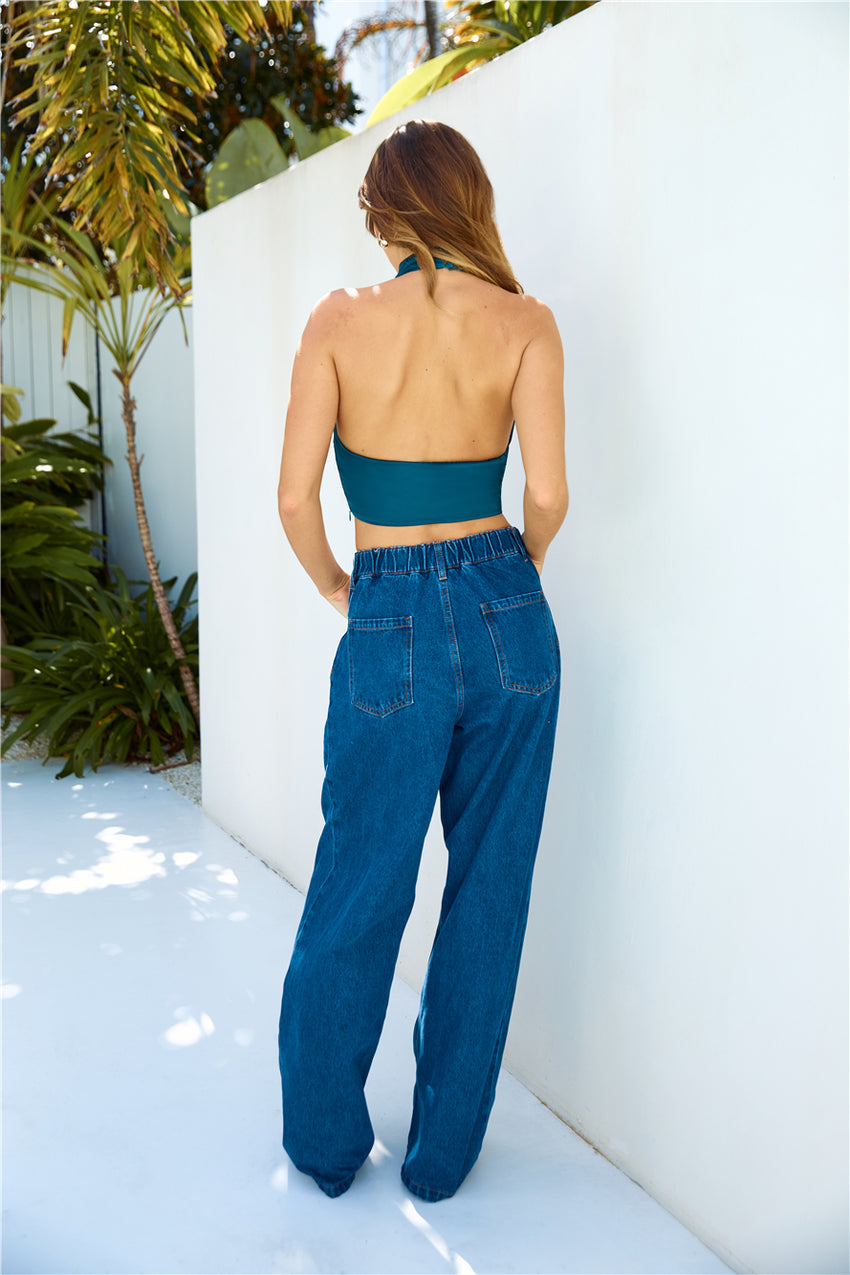 Perfect Finish Satin Halter Crop Top Teal