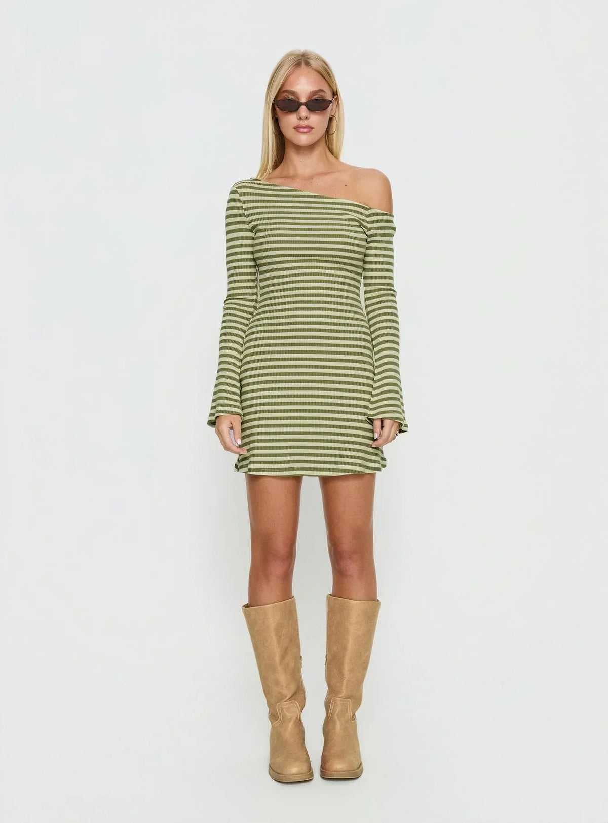 Adrietta Long Sleeve Off Shoulder Mini Dress Cream / Matcha Stripe