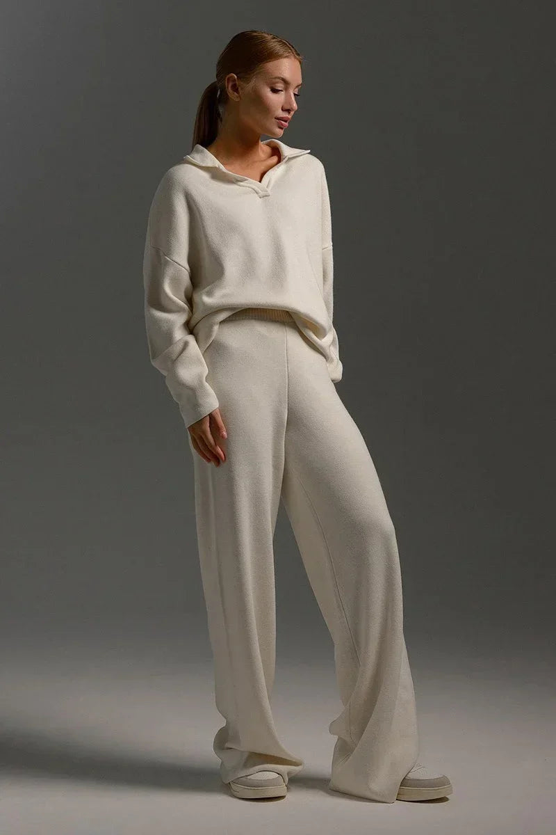 Polo Knit Pullover and Wide-Leg Pants Set