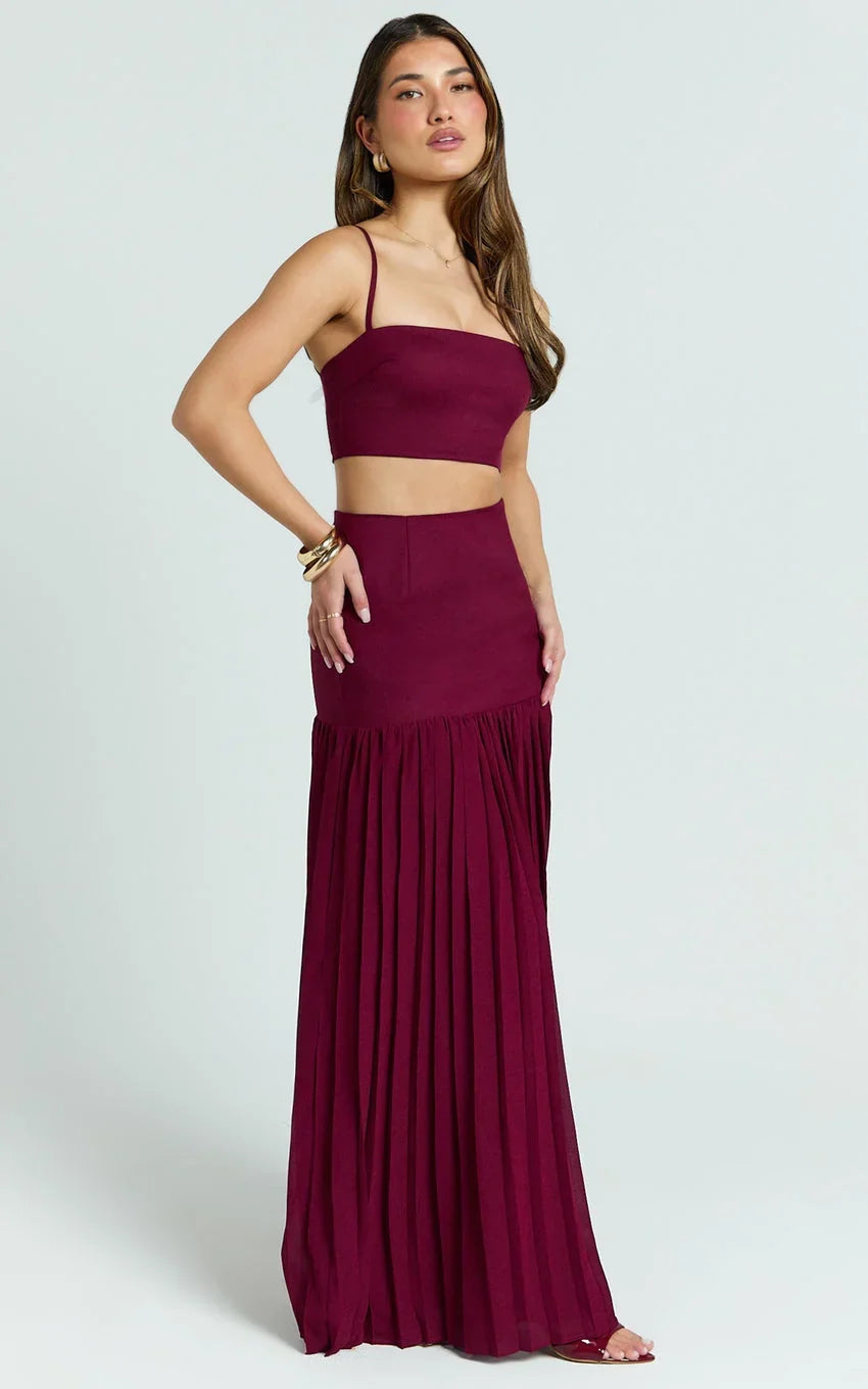 Rowan Two Piece Top and Skirt Set - Square Neck Crop Top and High Waist Pleated Maxi Skirt Set in Wine