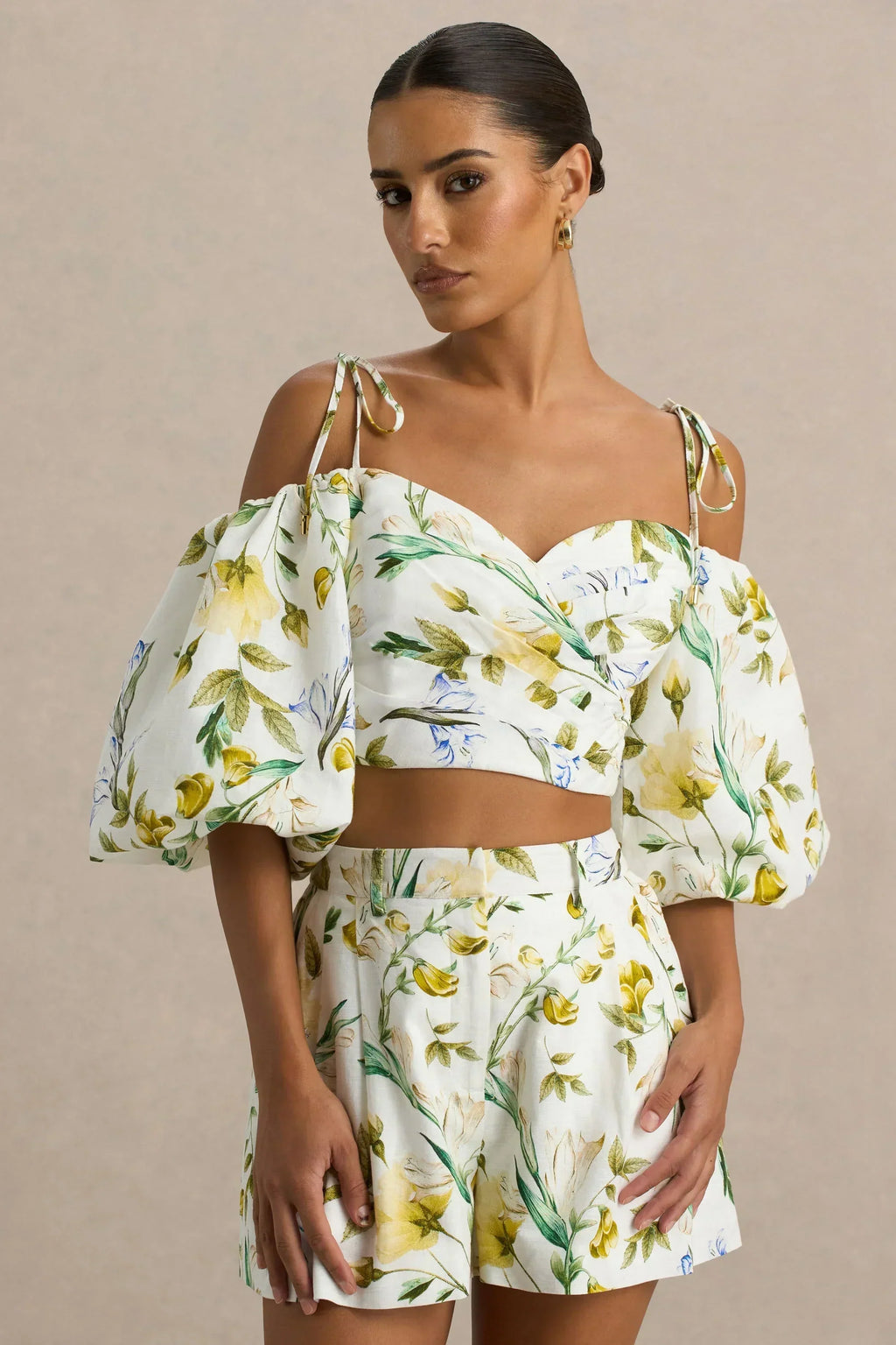 Amberly | White Botanical Print Plunge-Neck Ruffled Crop Top