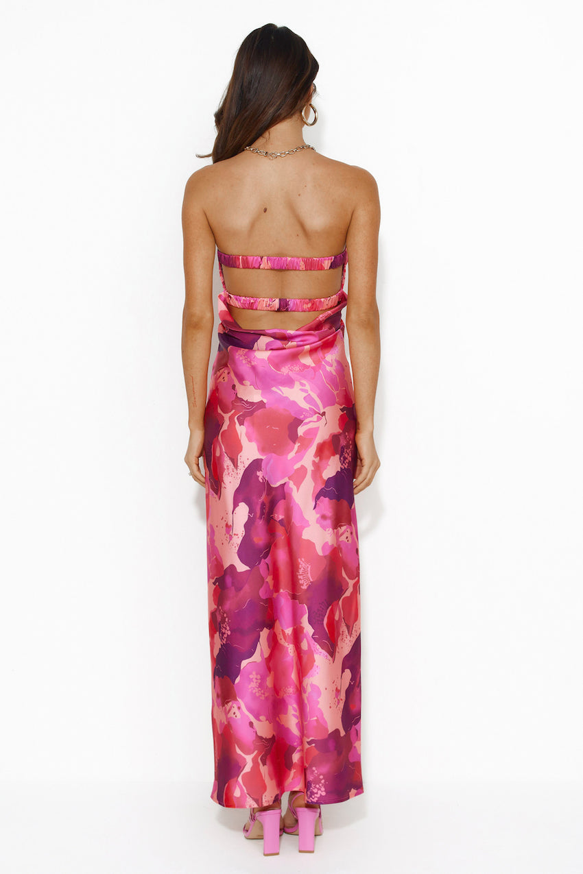 Color Bloom Strapless Satin Maxi Dress Pink