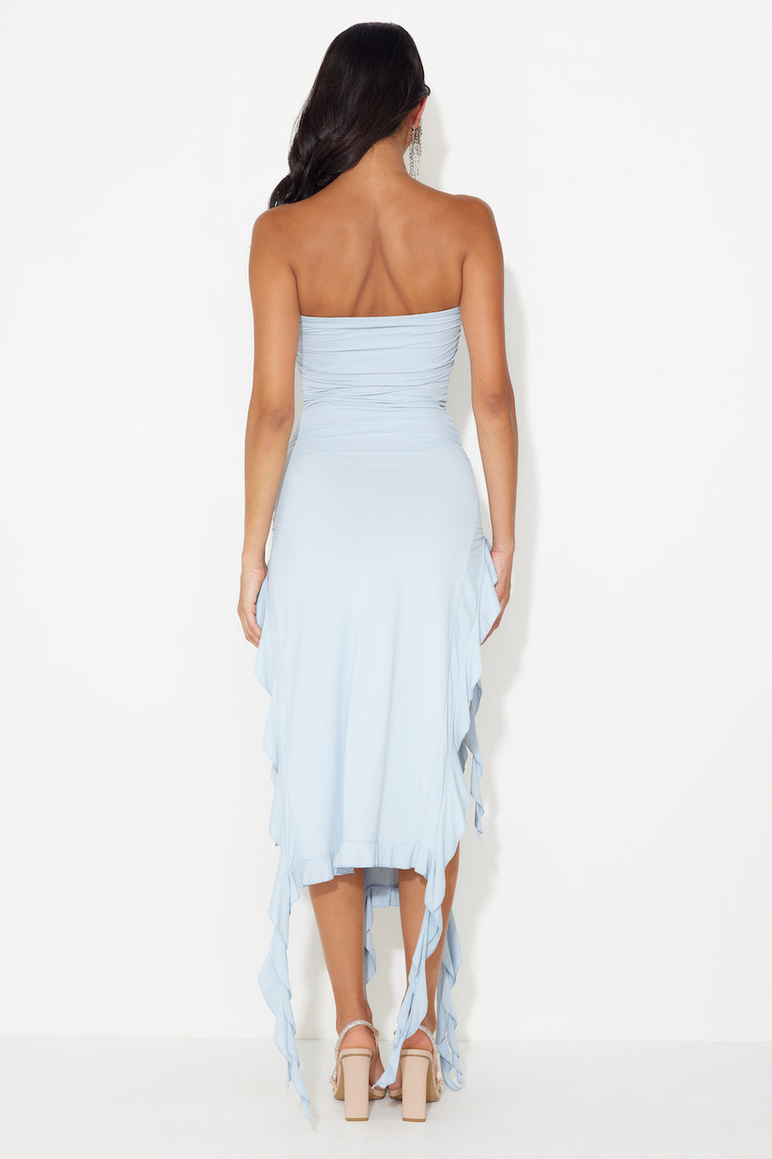 All The Frills Strapless Midi Dress Baby Blue