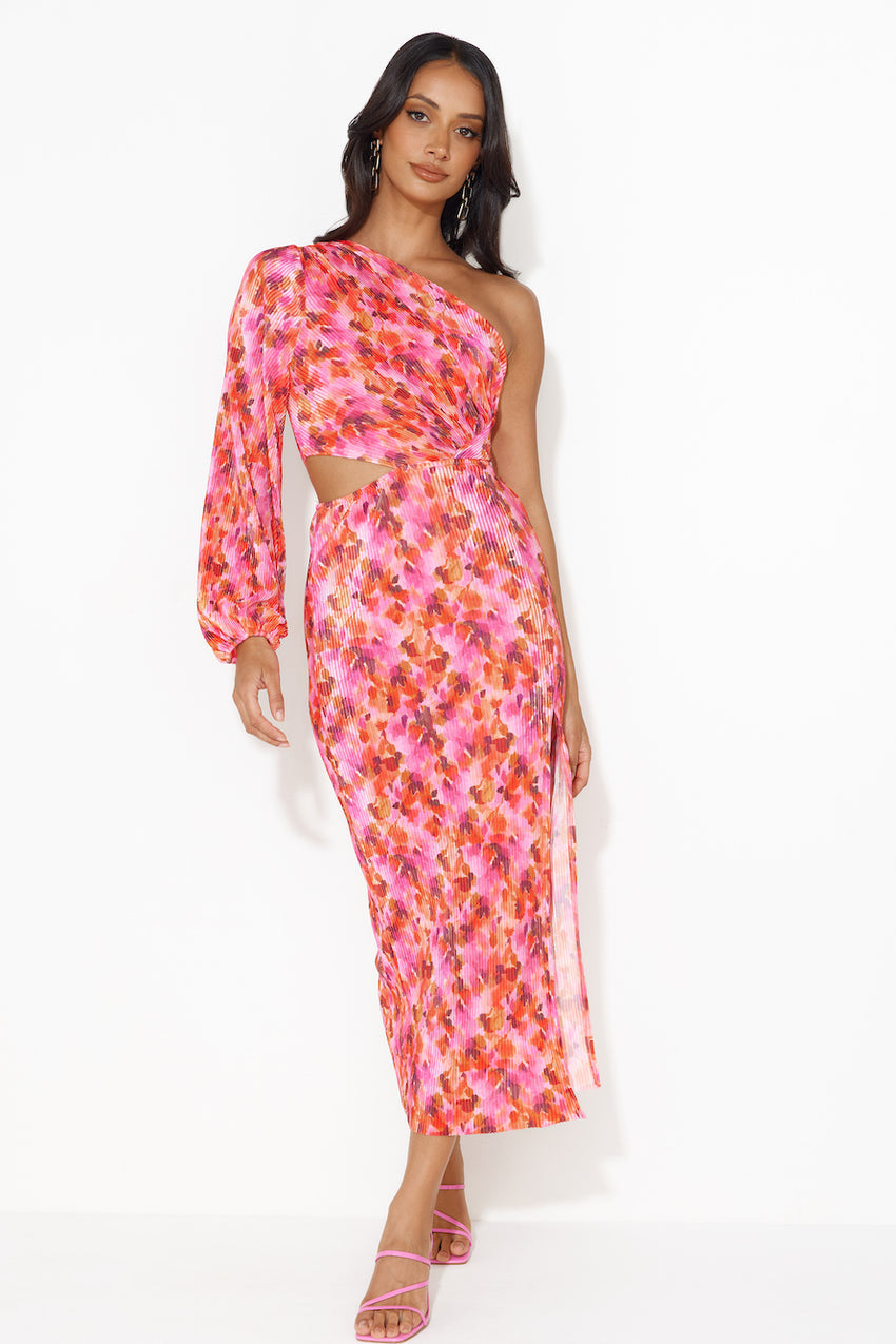 Star Show One Shoulder Plisse Midi Dress Pink