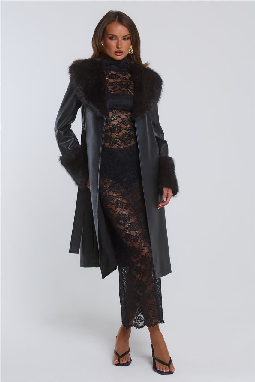 The Front Row Belted Faux Leather Fur Coat Black