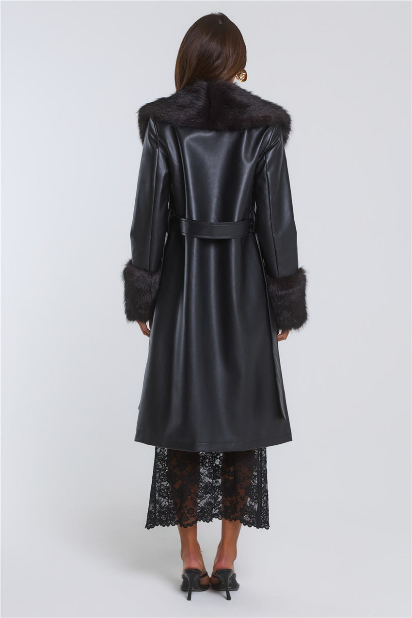 The Front Row Belted Faux Leather Fur Coat Black