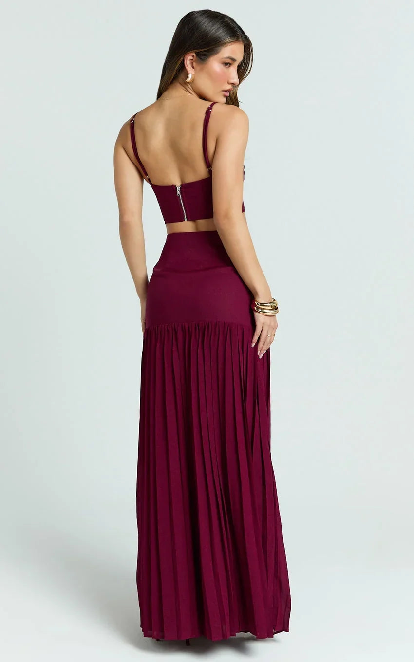 Rowan Two Piece Top and Skirt Set - Square Neck Crop Top and High Waist Pleated Maxi Skirt Set in Wine