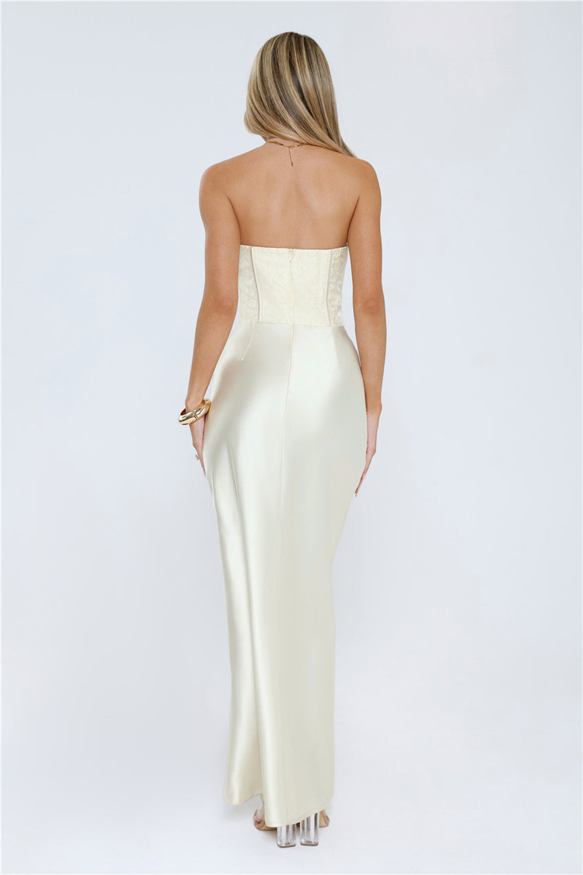 Dressed To Dazzle Strapless Satin Maxi Dress Ivory