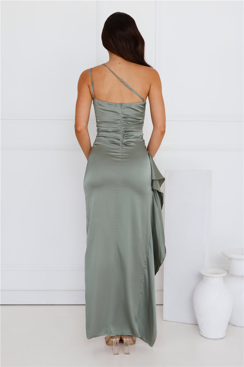 Extra Special One Shoulder Satin Maxi Dress Sage