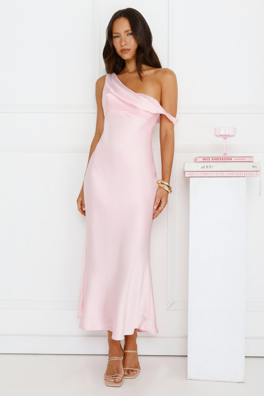 Stylish Season Off Shoulder Satin Midi Dress Pink