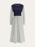 2 In 1 Cable-Knit Paneled Striped Midi Dress
