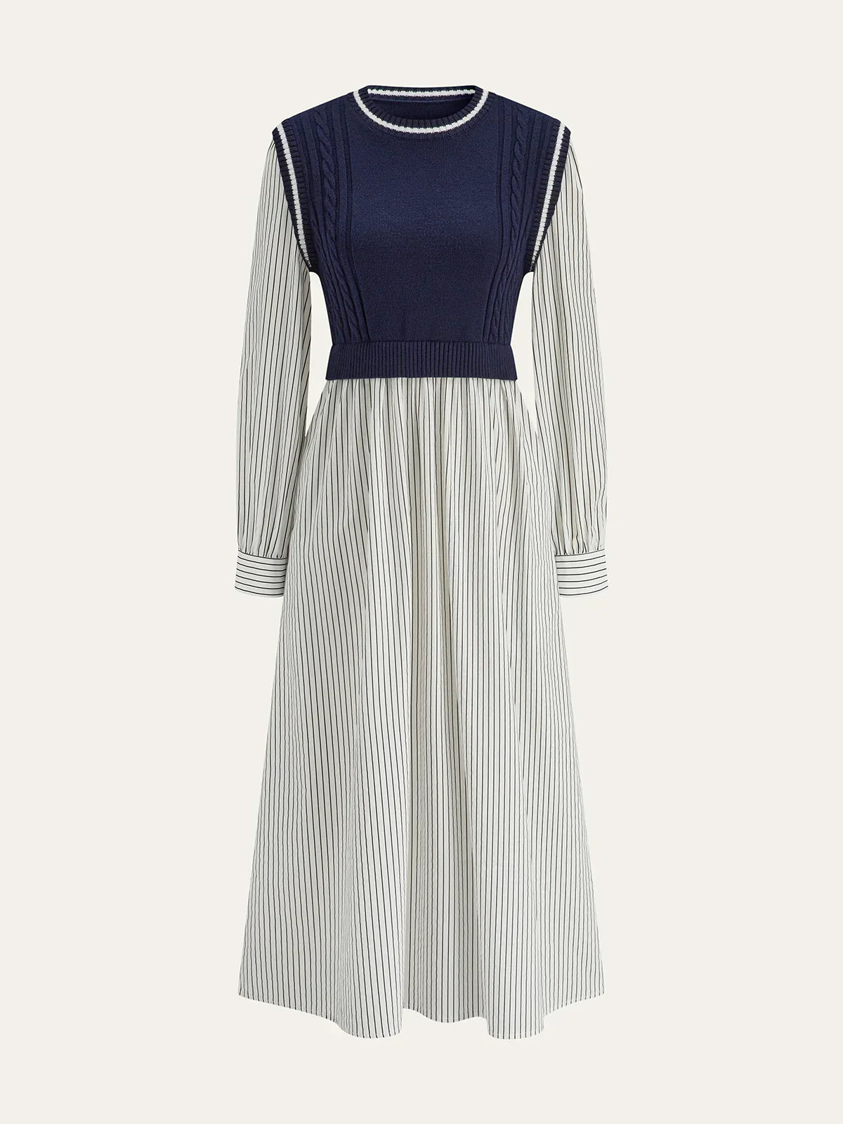 2 In 1 Cable-Knit Paneled Striped Midi Dress