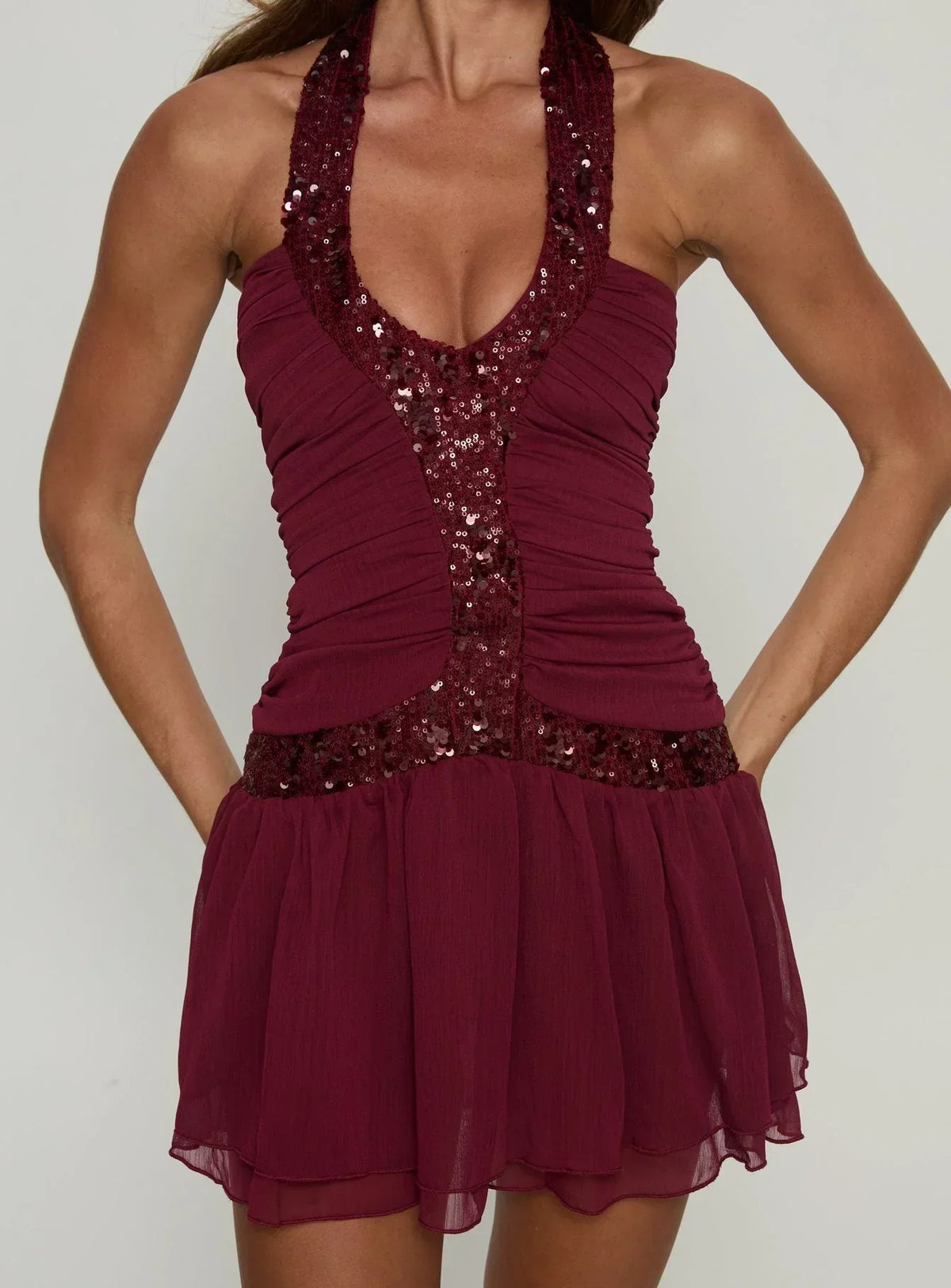 Aisleigh Sequin Halter Mini Dress Berry