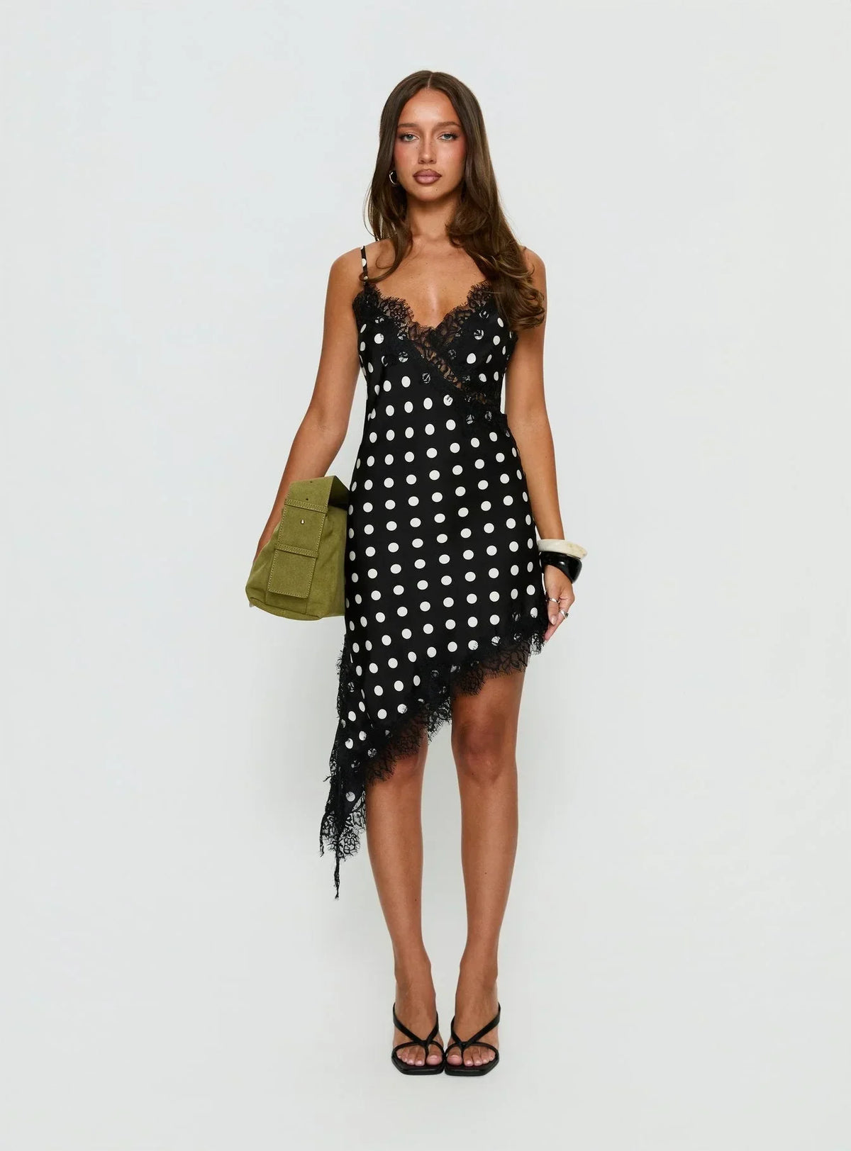 Afterdark Lace Asymmetrical Mini Dress Black Polka Dot