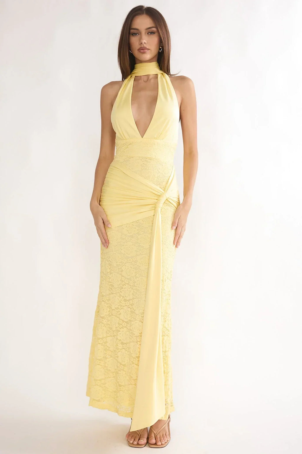Adair Halterneck Waist Sash Maxi Dress Lace Butter