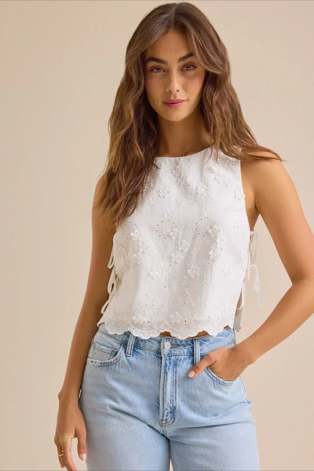 Solid Embroidered Sleeveless Round Neck Crop Top