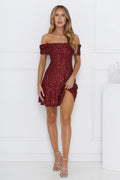 Glittering Dreams Sequin Off Shoulder Mini Dress Burgundy