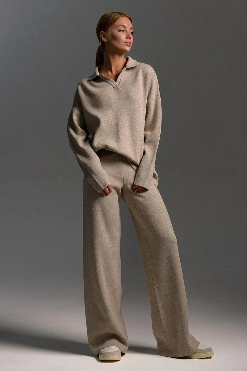 Polo Knit Pullover and Wide-Leg Pants Set