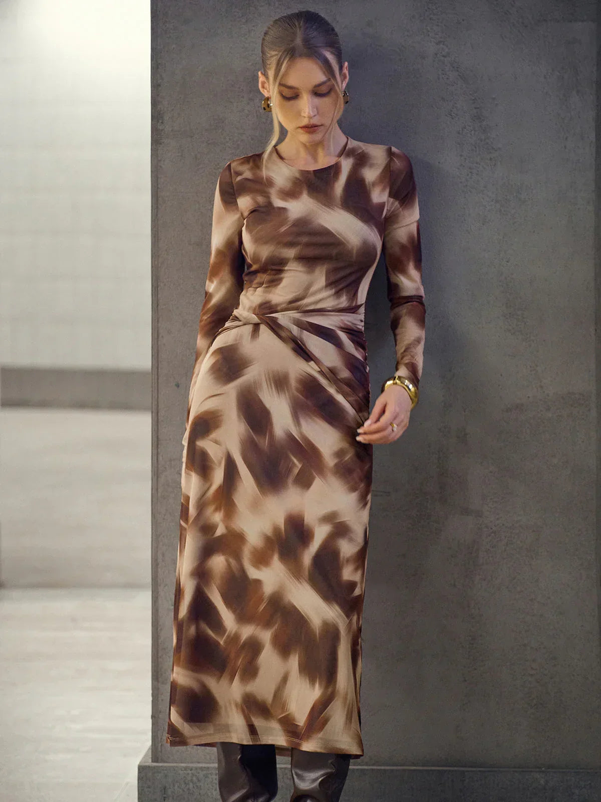 Abstract Print Twisted Mesh Midi Dress