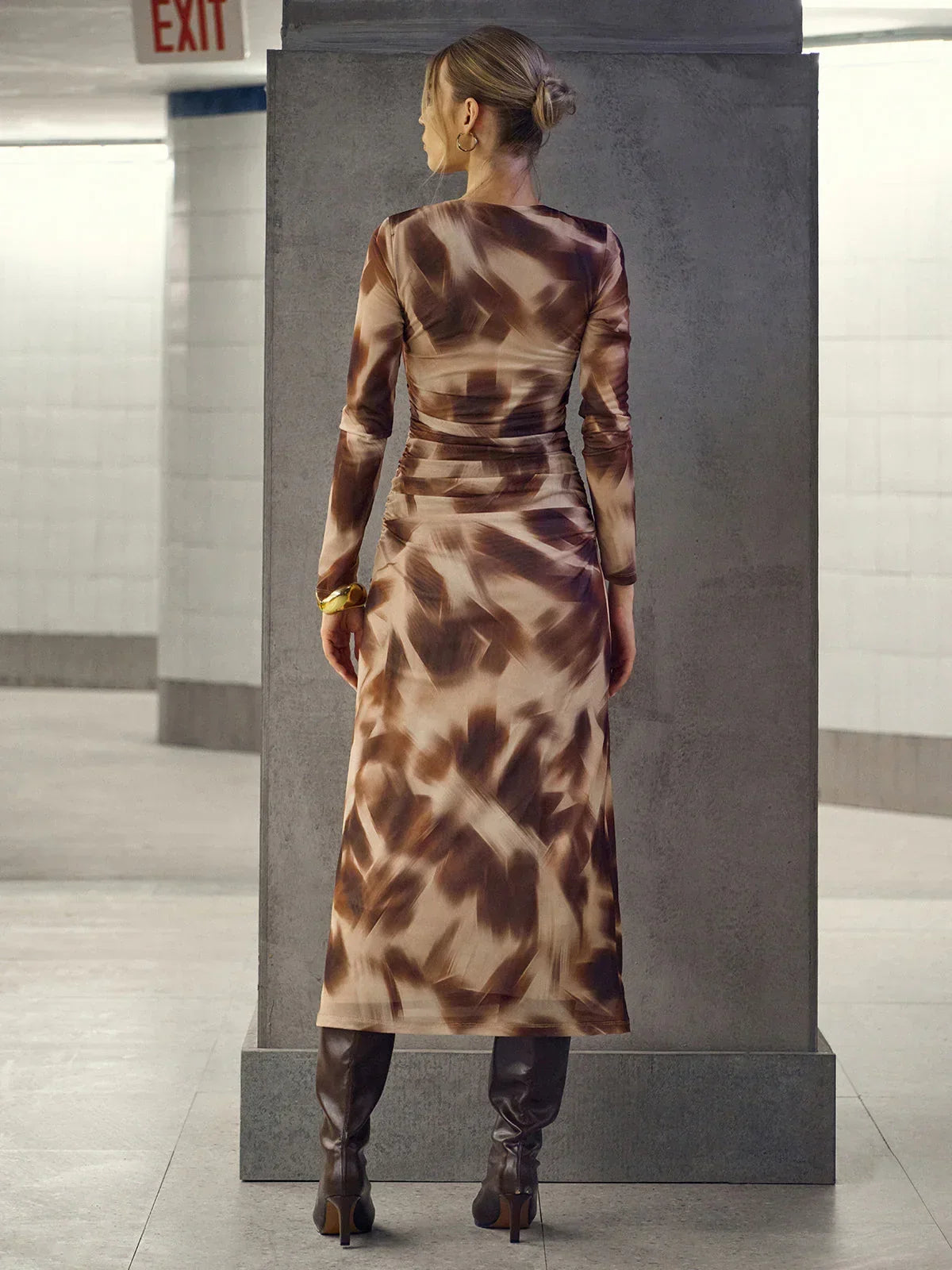 Abstract Print Twisted Mesh Midi Dress