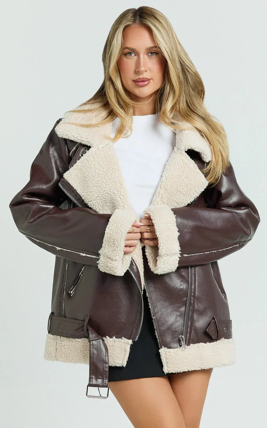Claudette Jacket - Faux Leather Shearling Oversized Biker Jacket in Dark Chocolate