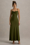 Eimear | Olive Green Satin Draped Sweetheart Maxi Dress