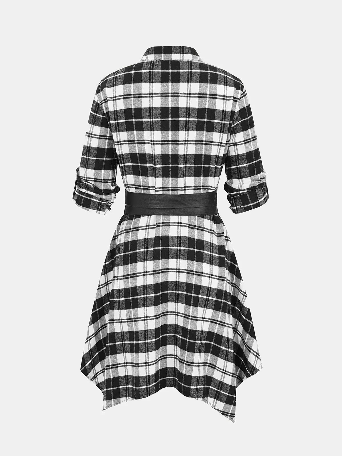 Adjustable Sleeve Waist-Cincher Plaid Shirt Dress