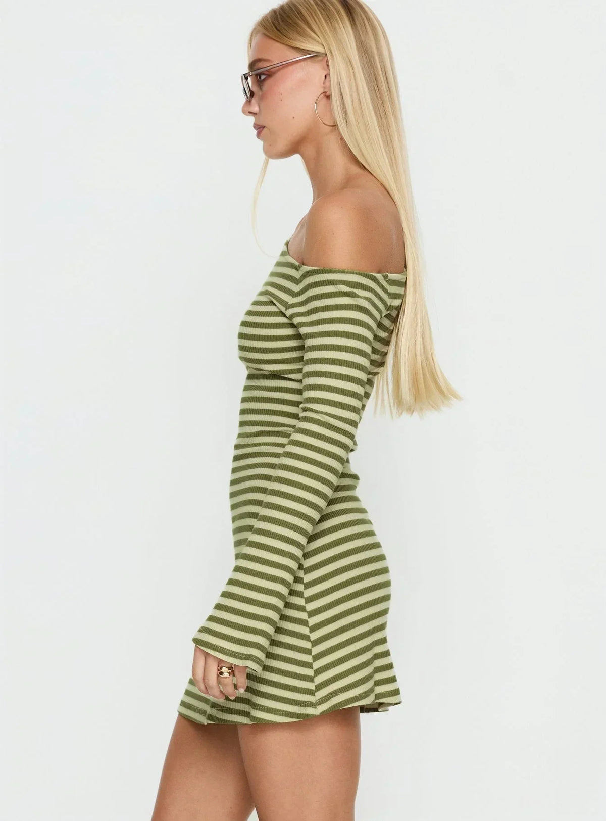 Adrietta Long Sleeve Off Shoulder Mini Dress Cream / Matcha Stripe