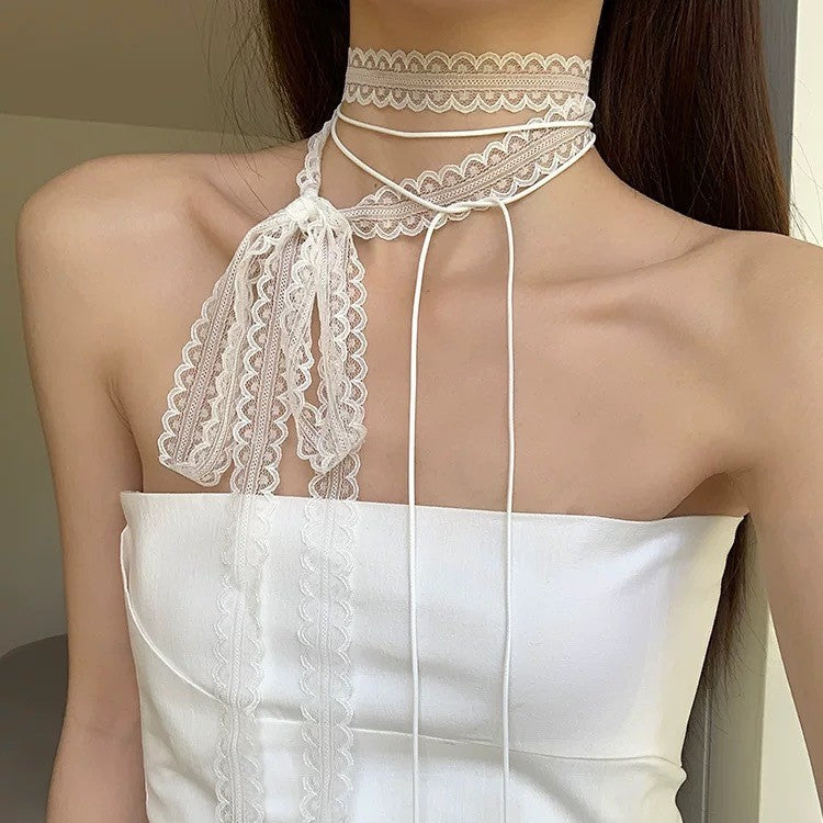 Springsummer Layered White Lace Bow Belt With Ribbons Hairband