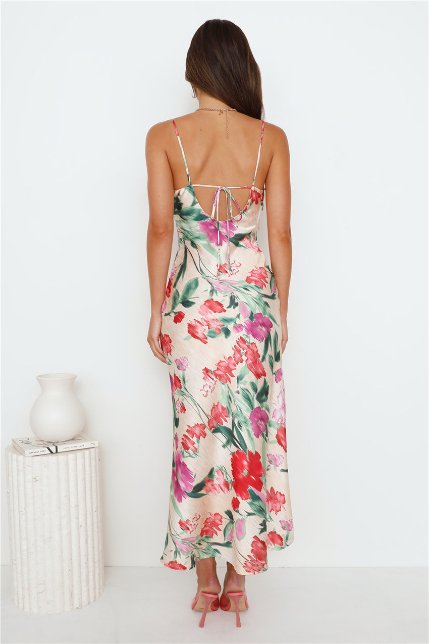 Let Love Bloom Satin Maxi Dress Print