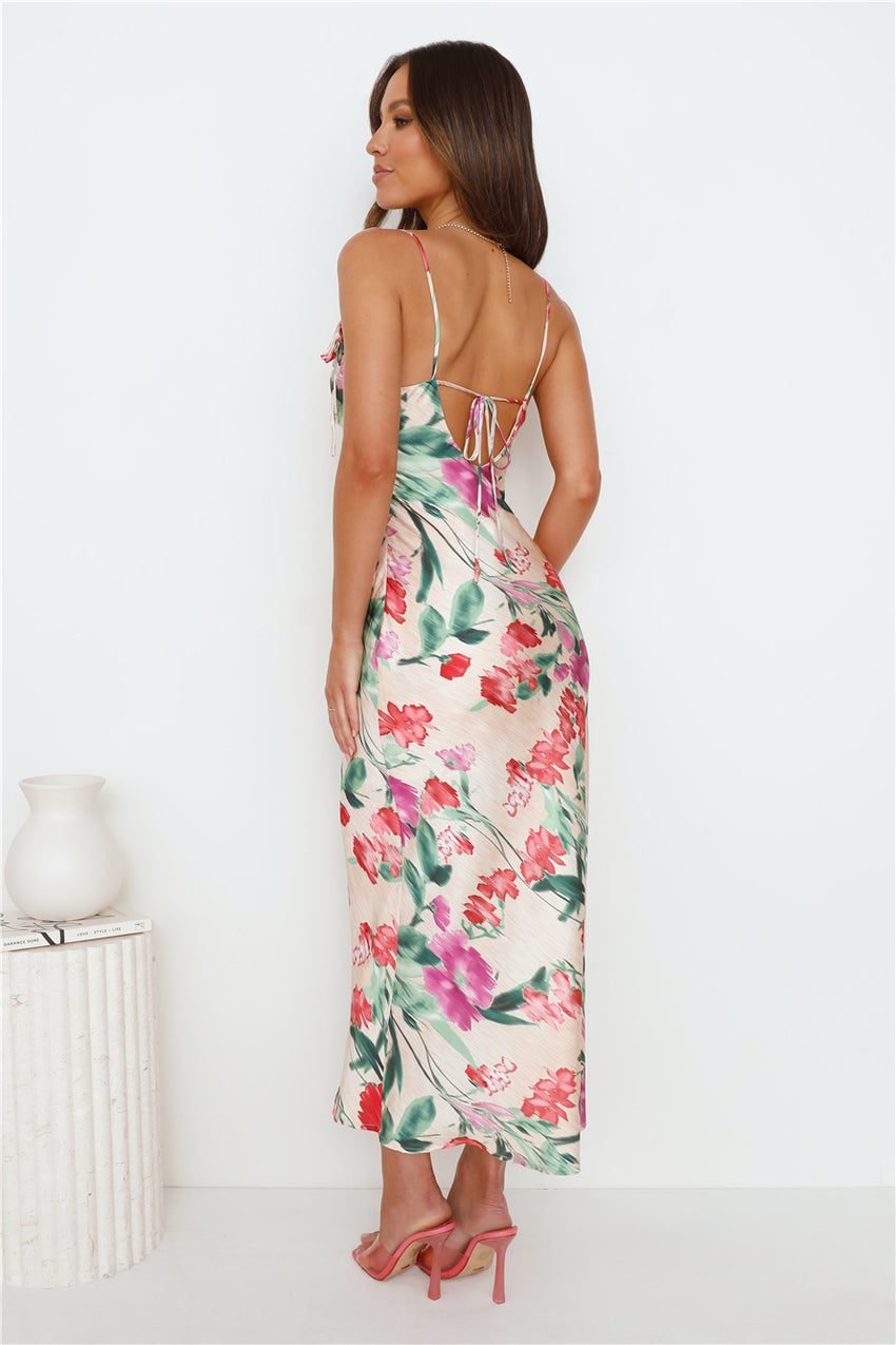 Let Love Bloom Satin Maxi Dress Print