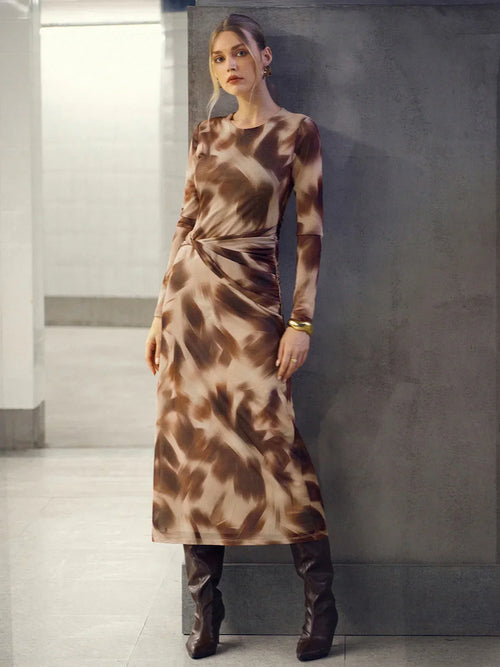 Abstract Print Twisted Mesh Midi Dress