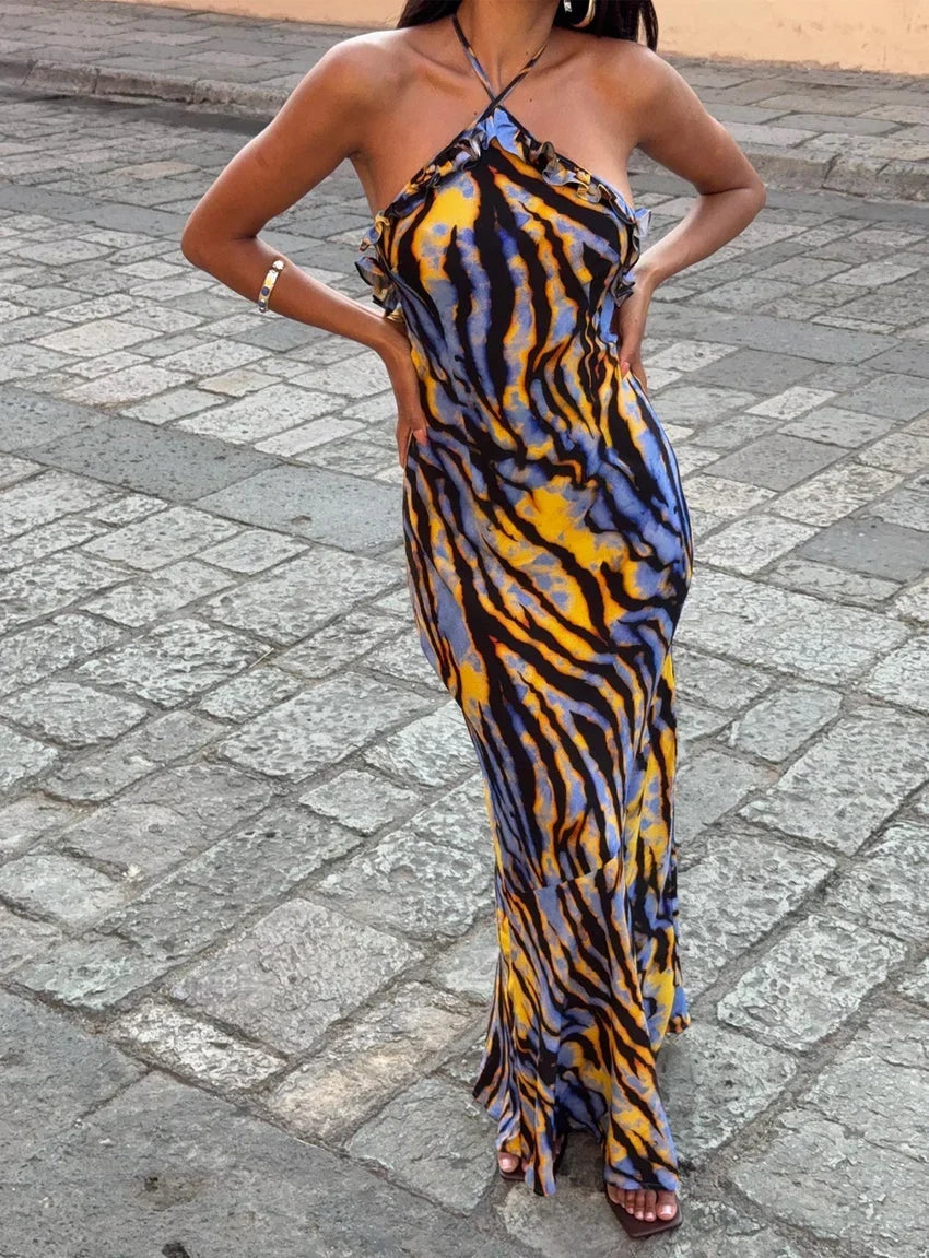 Virginia Beach Backless Maxi Dress Blue Zebra