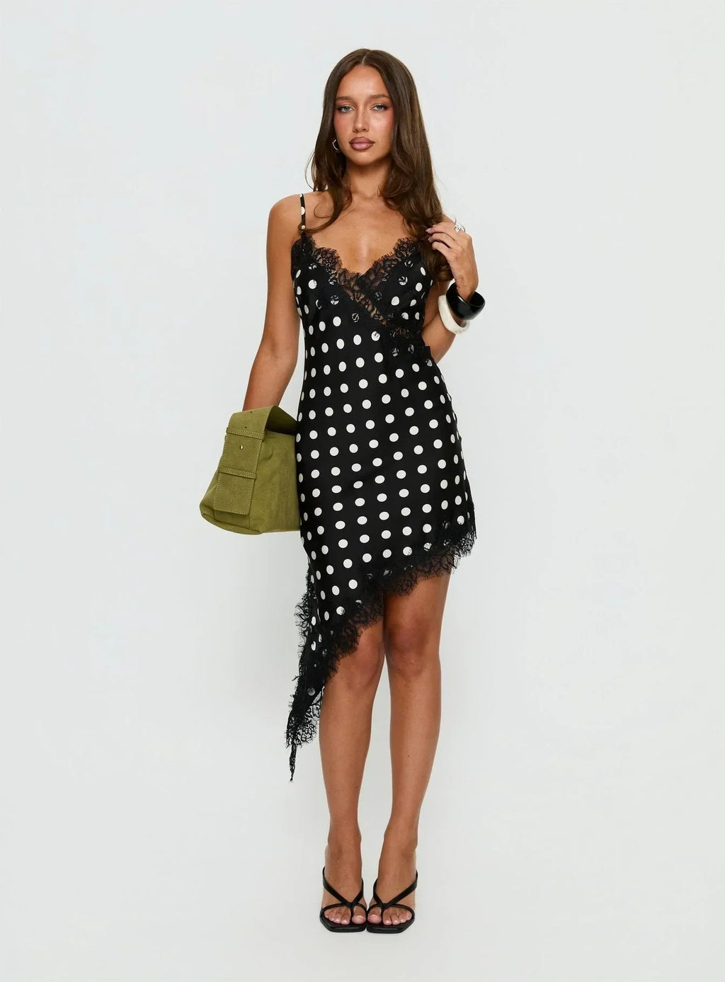 Afterdark Lace Asymmetrical Mini Dress Black Polka Dot