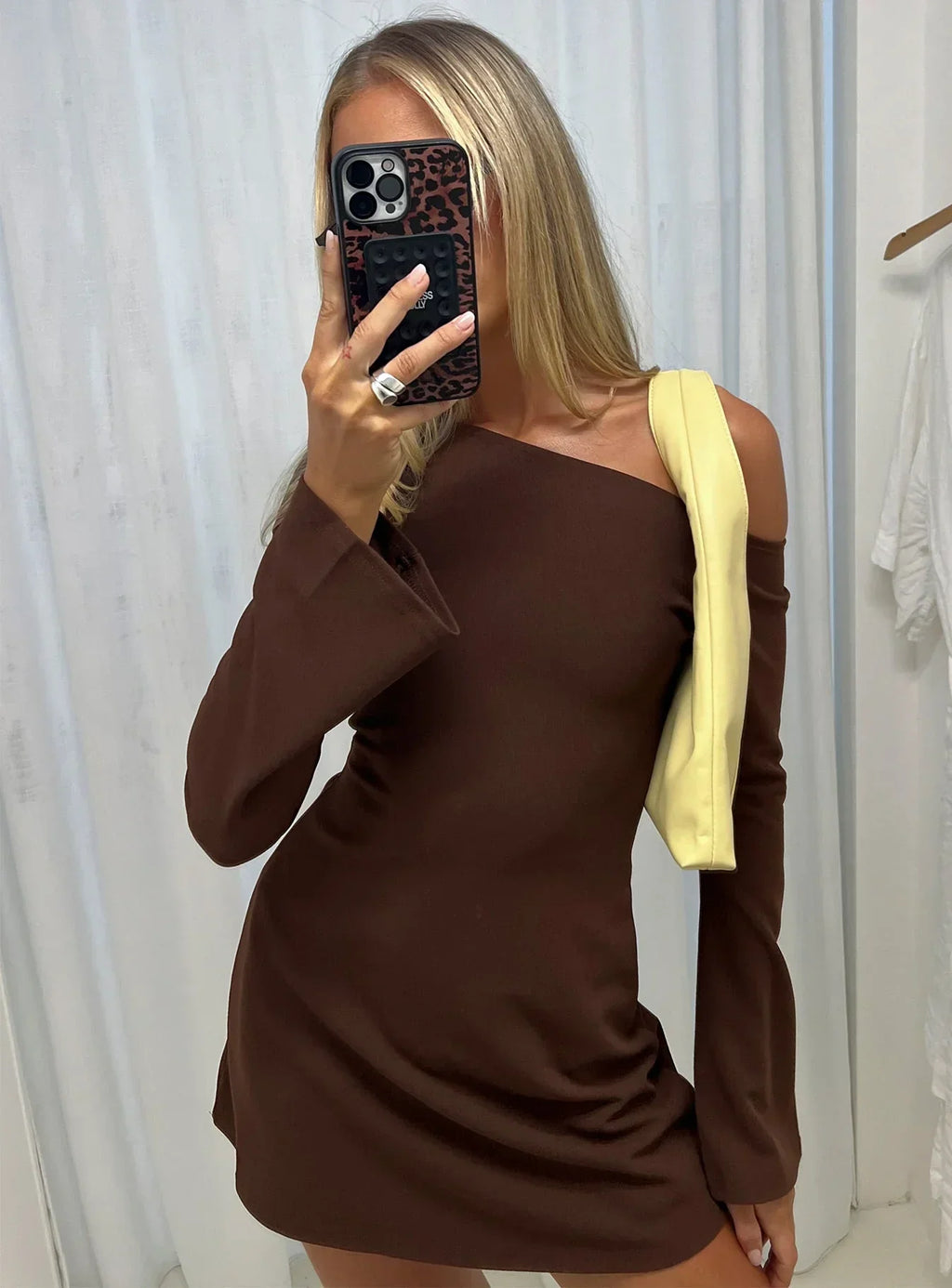 Adrietta Long Sleeve Off Shoulder Mini Dress Brown