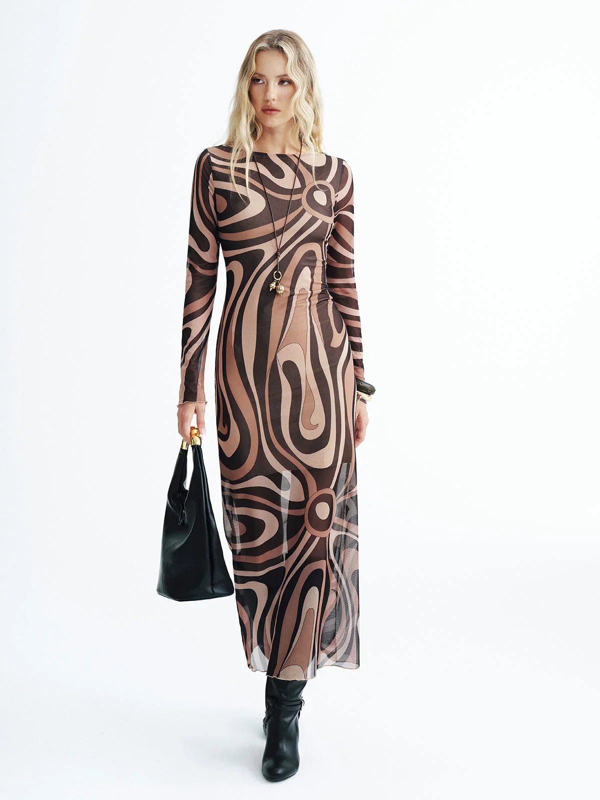 Abstract Print Mesh Maxi Dress
