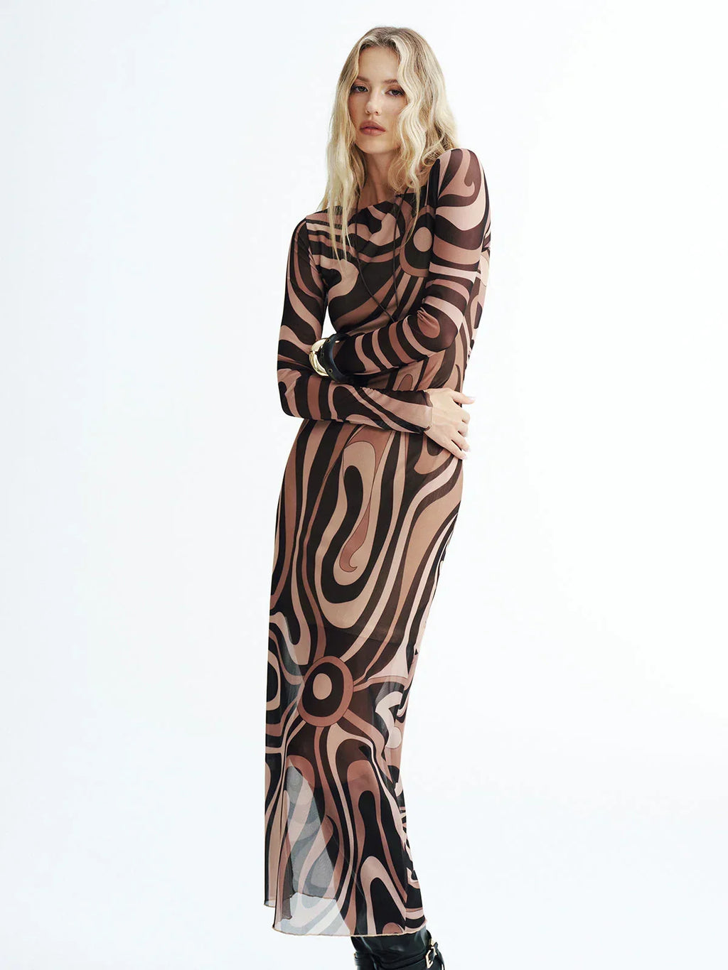 Abstract Print Mesh Maxi Dress