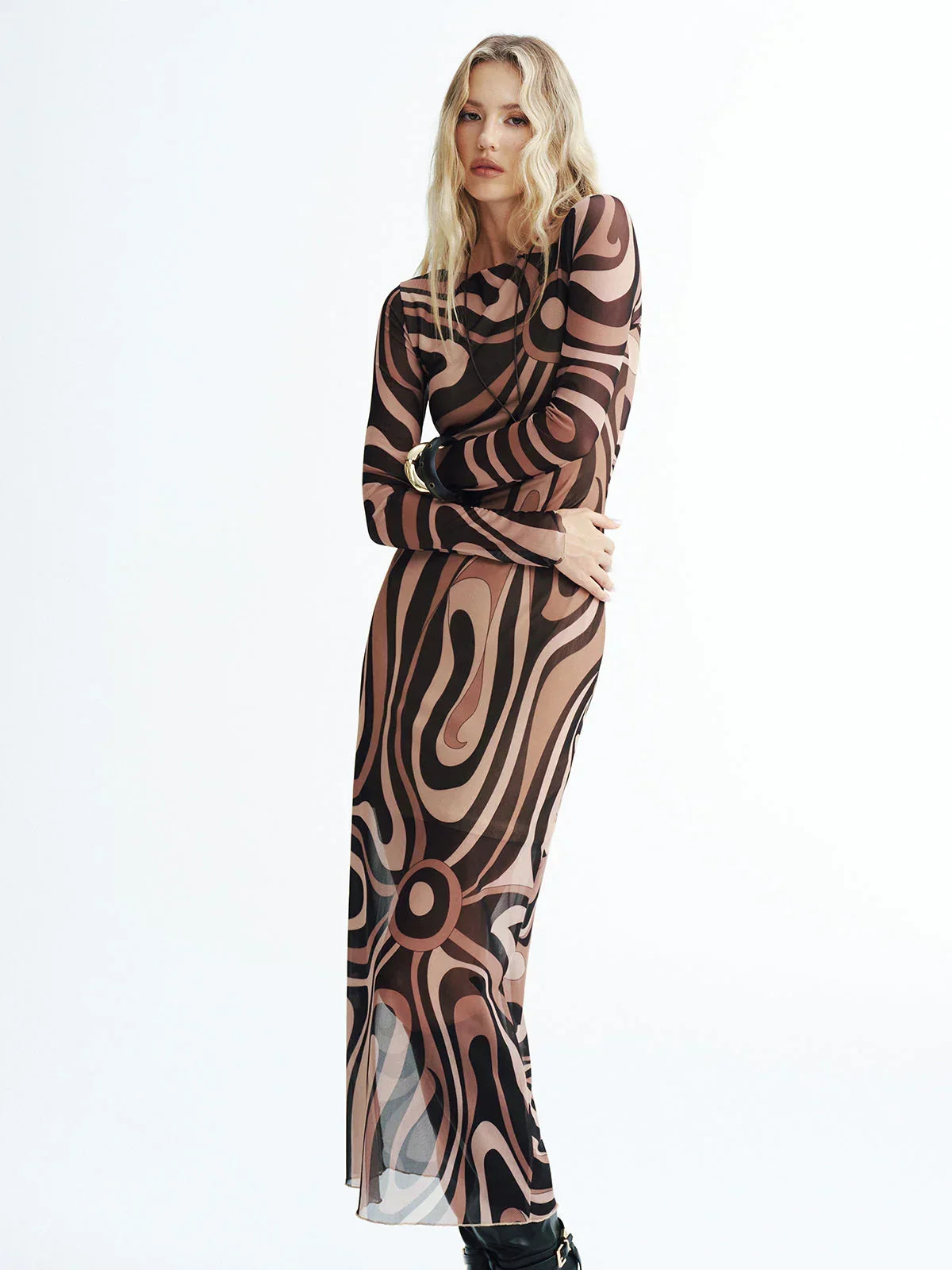 Abstract Print Mesh Maxi Dress