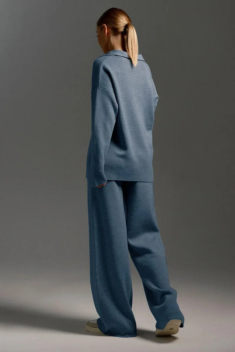 Polo Knit Pullover and Wide-Leg Pants Set