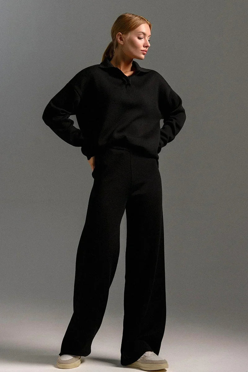 Polo Knit Pullover and Wide-Leg Pants Set