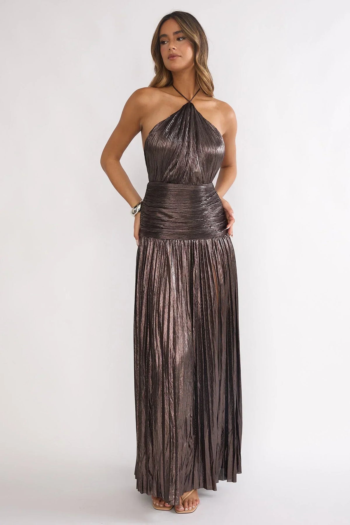 Ahmara Drop Waist Accordion Pleat Maxi Dress Gunmetal