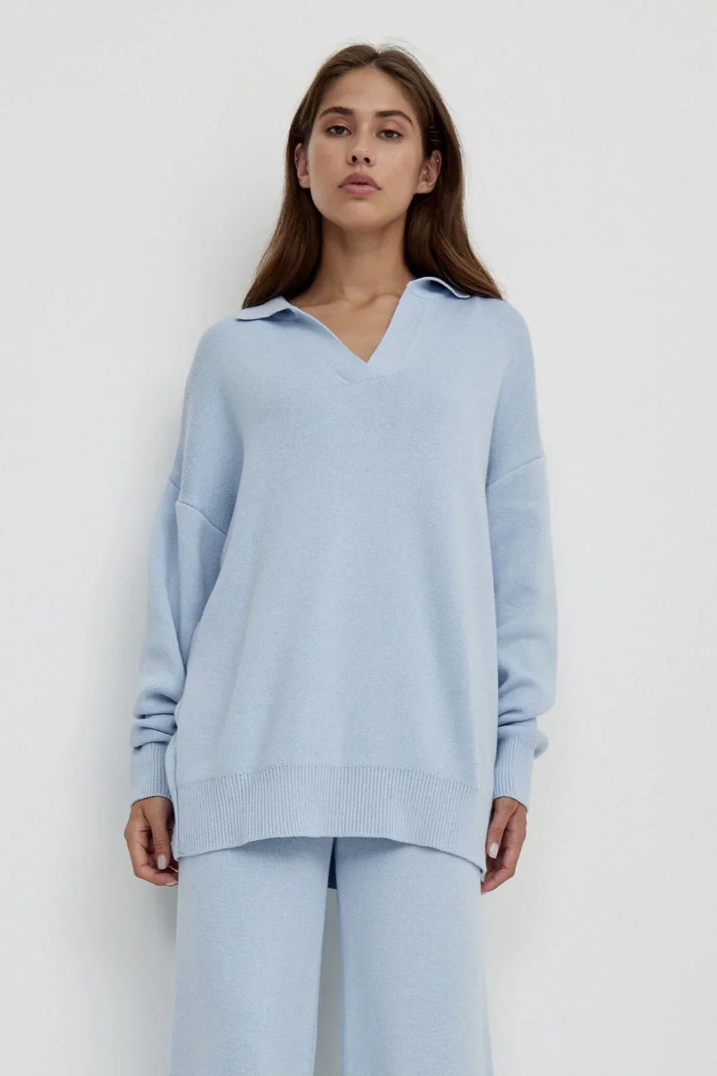 Polo Knit Pullover and Wide-Leg Pants Set